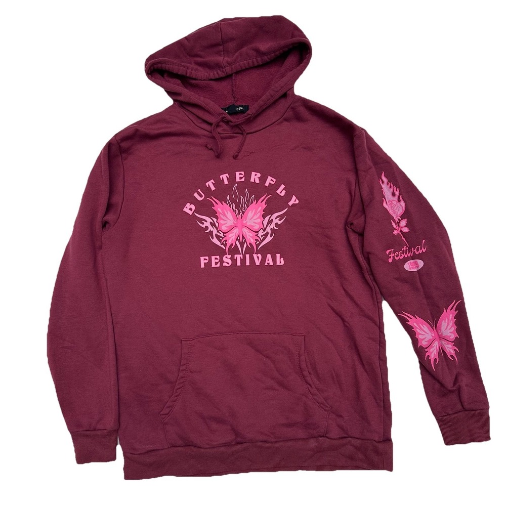Butterfly Festival Hoodie Maroon Pink Sz Large 1989 California Sweatshirt